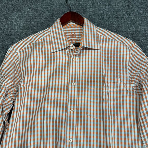 Bugatchi Uomo Shirt Mens Medium Button Up Orange Stripe Cotton Pocket - Picture 3 of 10